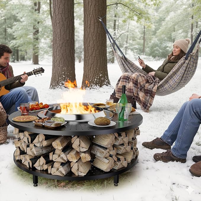 Fire Pit Surround Tabletop for Solo Stove Bonfire 1.0&2.0 and Ranger 1.0&2.0, 41" Fire Pit Surround Tabletop with Wood Storage Shelf, Powder-Coated Steel Surround Tabletop with Extra Space
