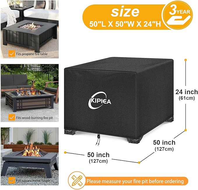 Kipiea Square Fire Pit Cover - Upgraded 600D Strong Tear Resistant, 100% Waterproof Fire Pit Table Cover, UPF 50+ Outdoor Firepit Cover Square Fading Resistant, 50" L x 50" W x 24" H