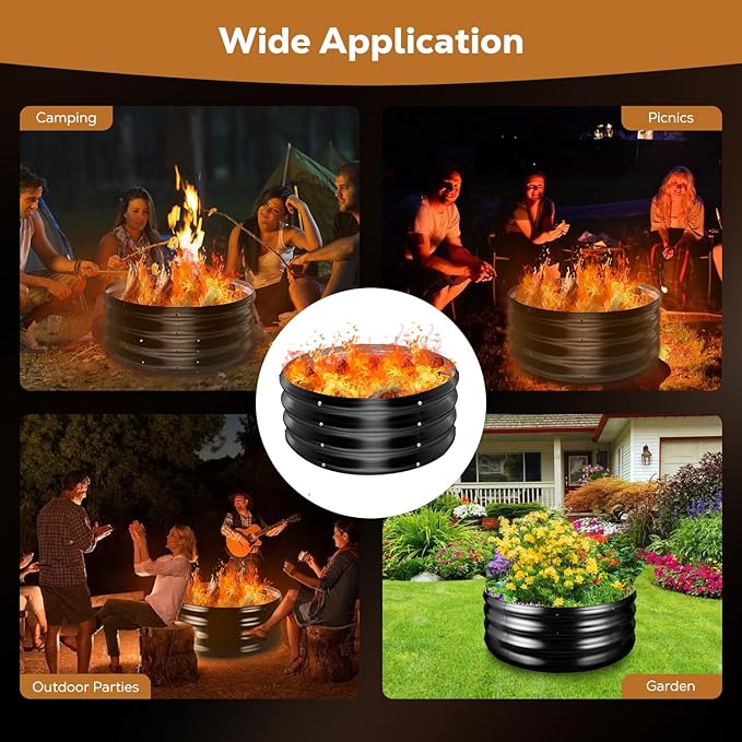 Raynesys 24 Inch Round Galvanized Fire Pit Ring, Round Galvanized Fire Ring, 2 Feet Diameter Round fire Pit, Outdoor fire Pit for Backyard, Camping, Bonfire, Black