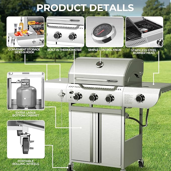 Electactic 3-Burner Propane Gas Grill with Side Burner – 34,000 BTU Stainless Steel Outdoor BBQ Grill, Cast Iron Grates, Portable with Wheels for Patio, Camping