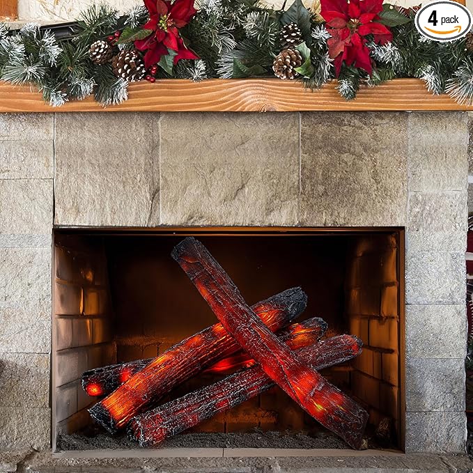 Tuanse 4 Pcs 16 in Flameless Fake Fire Log Spring Summer Beach Camping Themed Party Decorations Fake Campfire Battery Operated Artificial Fire Pit for 4th of July Easter Party Decor