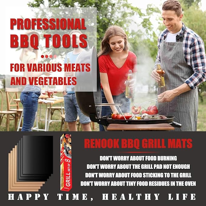 RENOOK Grill Mats for Outdoor Grill, Set of 8 （4 Black+4 Copper）BBQ Grill Mat for Outdoor Gas Grill, Non-Stick Cooking Sheets, 15.75 X 13 Inch