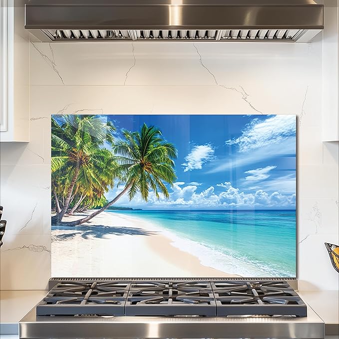 fzxwyishu Tempered Glass Backsplash for Kitchen,Stove Splashback Protector Beach Scenery Design | Heat-Resistant Splash Board, Kitchen Wall Decoration (Art Deco 2, 30"x20"(76.2x50.8cm))