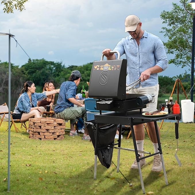 Portable Griddle Stand Compatible with Blackstone 17" or 22" Griddles - Folding Grill Table with Magnetic Tool Rack, Paper Towel Holder, Bottle Opener & Hooks for Outdoor Camping
