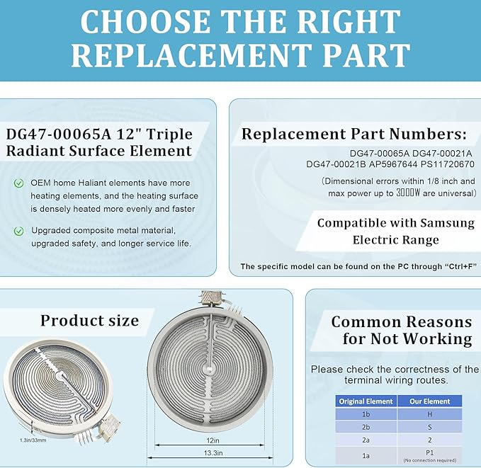 Upgrade DG47-00065A DG47-00021B DG47-00022B 12 in Triple Radiant Surface Element Compatible With Samsung Stove Replacement Parts DG47-00065A DG47-00021A DG47-00022B Triple Radiant Element