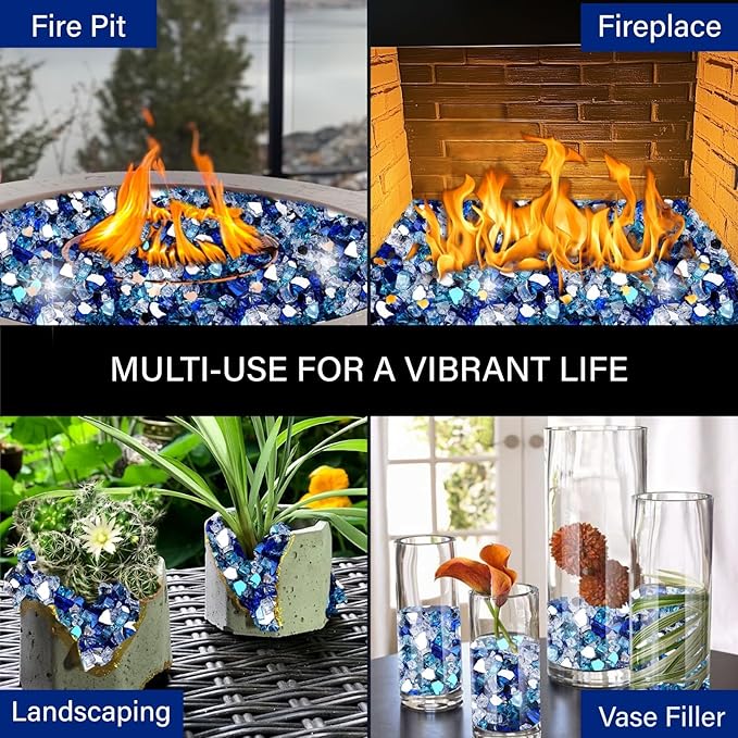 NUPICK 10 Pound Fire Glass for Fire Pit, 1/2 Inch Tempered Mixed Fire Glass in Bahama Blend for Propane Fire Pit & Gas Fireplace, Blue and White Fire Glass Rock
