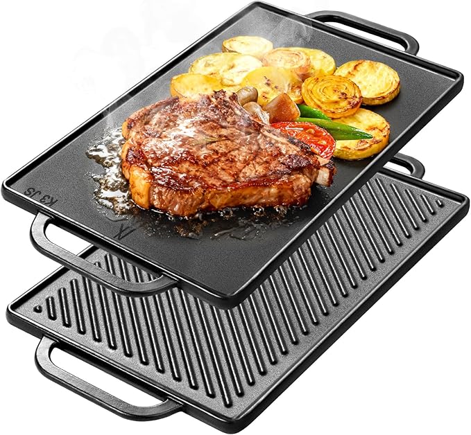 GasSaf Cast Iron Griddle 15x9 Inch, Reversible Double-Sided 2-in-1 Griddle Plate for Two Burners Stovetop, Outdoor Grills and Camping Setups, Cast Iron Grill Pan with Flat & Ribbed Plates