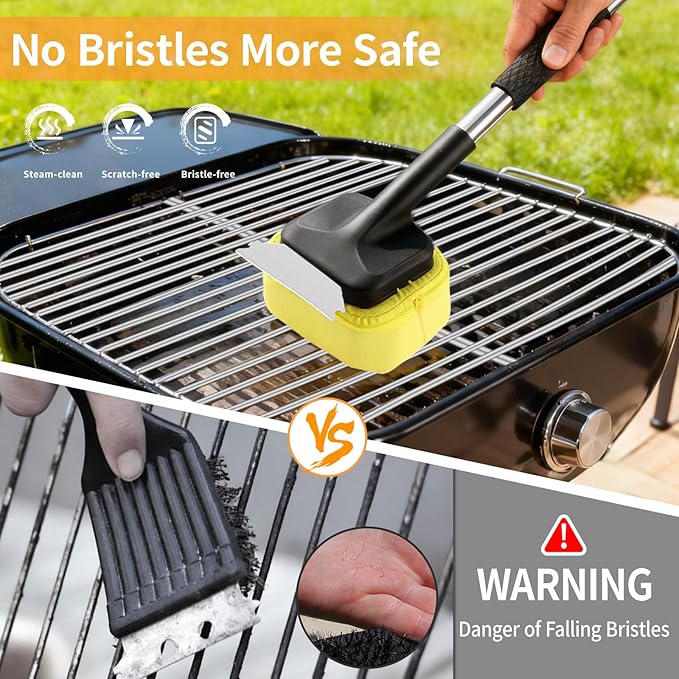 5 Pcs Bristle Free Grill Brush, Grill Cleaning Kit 20.47" Long Handle & Scraper & Replaceable Heads, Safe Grill Brush for Outdoor Grill for Any Grates Type, Grilling Gifts for Men Dad