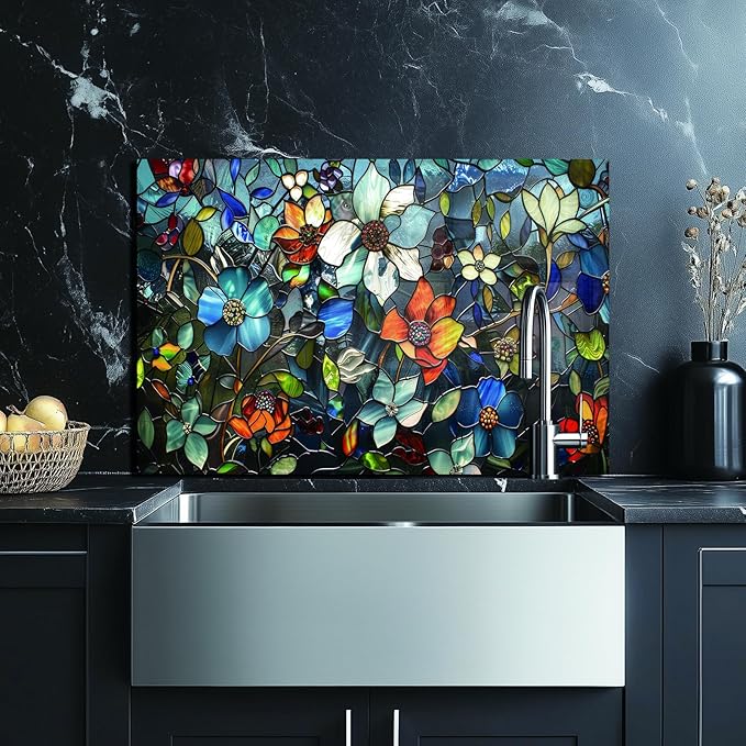 Evgosm Tempered Glass Backsplash for Kitchen， Stove Splashback, Pixel Flower Glass Backsplash, Used for Kitchen Wall Protection and Decoration, Easy to Install and Clean. (30x20'')
