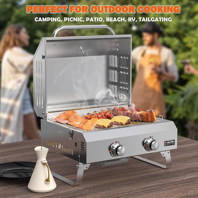 ONLYFIRE GRILLS Tabletop Gas Grill 2 Burners, 20" Portable Propane Grill with Foldable Legs for Outdoor Patio Backyard Camping Tailgating RV Trip Beach, Stainless Steel Gas Stove 16000BTU, GS322