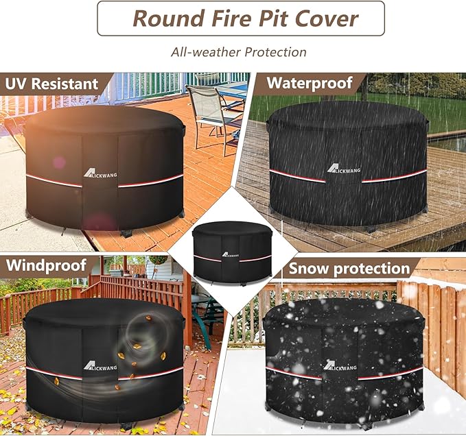 Fire Pit Cover Round 44 Inch Waterproof,Outdoor Heavy Duty Durable 600D Tear-Resistant Fire Pit Table Cover,Patio Round Firepit Cover 44" D x 24" H, Black