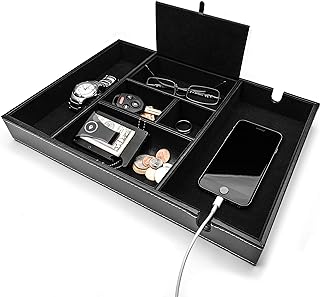 ULTRAY, Valet Tray for Men, Nightstand Organizer, Entry Table Organizer, Catch All, Black Faux Leather Box, 6 Compartments