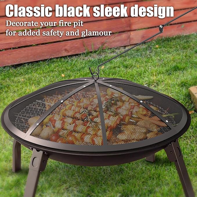 Fire Pit Spark Screen, 22 Inch Fire Pit Screen with Handle & Poker, Heavy-Duty Steel Fire Pit Cover Round Mesh Replacement Outdoor Firepit Screen Lid for Backyard/Beach/RV Camping