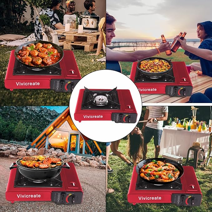 Vivicreate Portable Butane Stove 8500 BTU, Butane Stove with Auto Ignition for Camping, Lightweight Portable Gas Stove Burner with Safety Lock, Butane Burner, Estufa de Gas Portatil(Red)