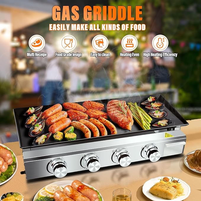 Burner Gas Griddle, 31.88 Inch Outdoor Propane Griddle, Portable Flat Top Grill, Flat Grills Outdoor Cooking, Plancha Para Cocinar, Outdoor BBQ, Camping Tailgating or Picnicking