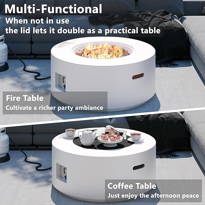 32.5 inch Round Propane Fire Pit, 50000 BTU Gas Fire Pit Table with Steel Lid, Waterproof Cover, 10ft Gas Hose & Gas Tank Base, Lava Rocks, White