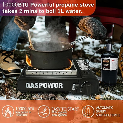 10,000 BTU Propane or Butane Stove with Windblocker, Dual Fuel Propane Stove for Camping, Automatic Ignition Gas Portable Stove with Propane Adapter Hose Carrying Case (Fuel Not Included)