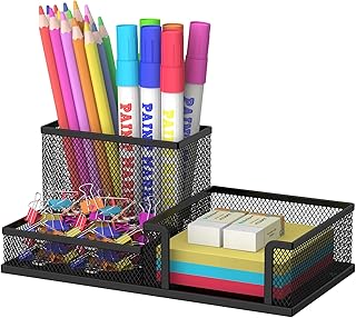 SUPEASY Pen Holder Desk Organizer, Office Supplies Pencil Holder with 3 Compartments, Desk Accessories and Workspace Organizers for Home School Classroom, Black
