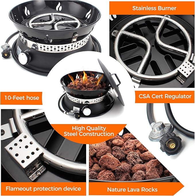 19" Propane Gas Fire Pit with Auto Flame-Out Gas Shut-Off, Portable with Lid & Carry Handle, 58,000 BTU, 10 FT Hose, 8 lb Lava Rocks for Camping, RV, Patio, Backyard,Propane Fire Pit for Camping