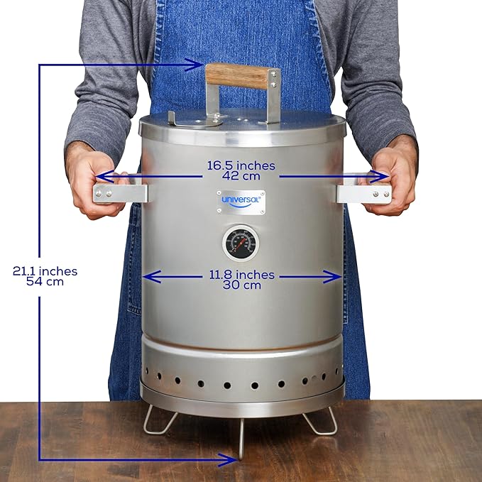 Universal (6-pound) Stainless Steel (Small) Charcoal Barrel Smoker with Thermometer & Airlock system - 16.5"x 21.18" x ⌀11.81", 2 in 1 Vertical Smoker - Grill and Smoker, 6-serving Slow Cooking Smoker
