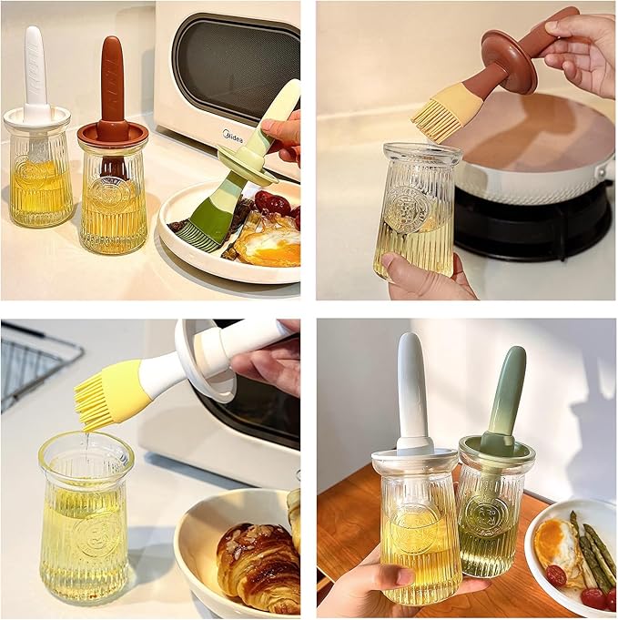 Oil Dispenser with Brush - Glass Olive Oil Dispenser for Kitchen, 3 IN 1 Oil Dispenser Bottle with Silicone Basting Brush for Cooking Vinegar Sauce BBQ Grill Frying (Green/White)