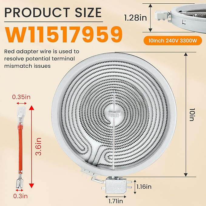 2026 Upgrade W11517959 W10275048 10" Range Dual Radiant Surface Heating Element Replacement Fit for Whirl-Pool, May-tag, Kitchen-Aid, Jenn-Air Stove, Replace W10169799 W10823729 by Fetechmate