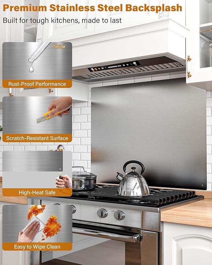 24 x 30 In Stainless Steel Backsplash - Kitchen Wall Splash Guard Behind Stove, Easy Clean and Installation