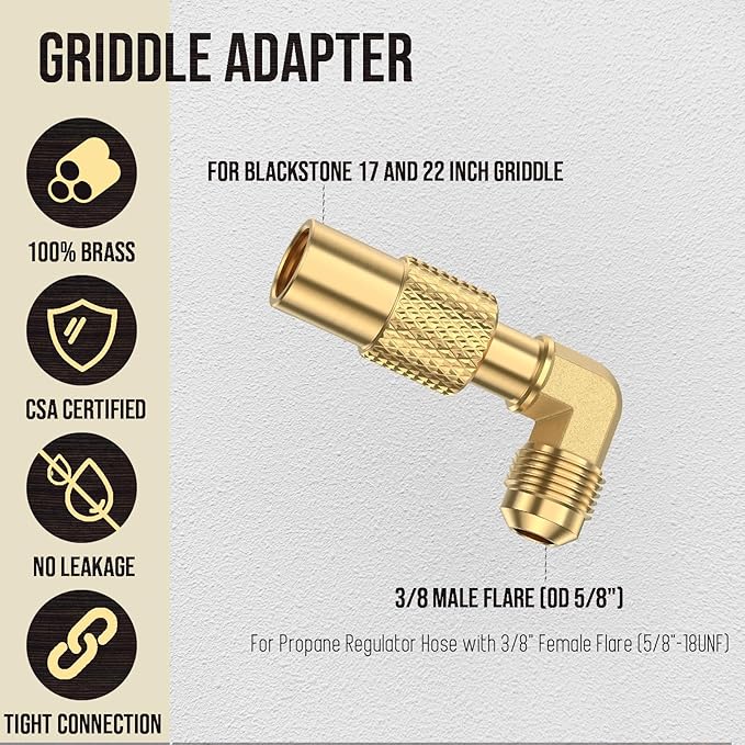 Brass 3/8" Male Flare Propane Elbow Adapter for Blackstone 17Inch and 22 Inch Tabletop Camping Griddles, 12X14 Inch Camping Grill, for Compatible with Blackstone Grill to Propane Tank or RV