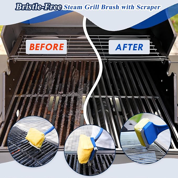Grill Brush for Outdoor Grill, BBQ Grill Brush Bristle Free, Steam Grill Cleaner with Scraper, Grill Cleaning Brush with Replacement Head, BBQ Grilling Accessories Fit Most Grills, Gifts for Men Dad