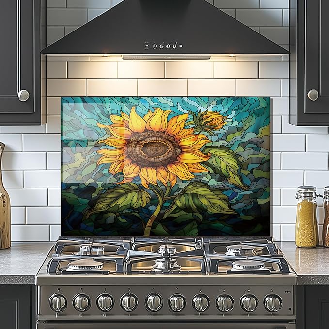 Evgosm Tempered Glass Backsplash for Kitchen, sunflower Stove Splashback, Glass Backsplash, Used for Kitchen Wall Protection and Decoration, Easy to Install and Clean. (30x18'')