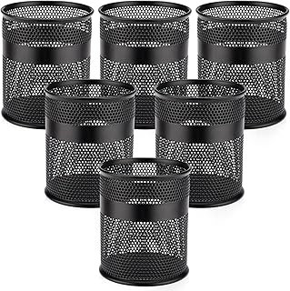 Segarty 6 Pack Black Steel Mesh Pen Cups Desk Pen Pencil Holder, Round Pen Container Pencil Cups Desk Organizers for Home Office