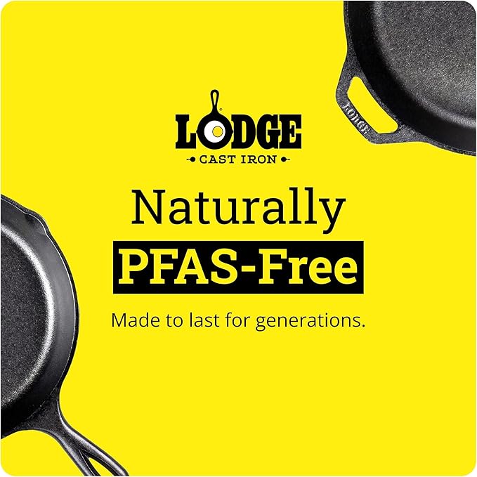 Lodge Seasoned Cast Iron Skillet - PFAS-Free, Non-Toxic Cookware - Use with an Oven, Stove, Grill, or Campfire - Naturally Non-Stick & Oven Safe - 13.25 Inches