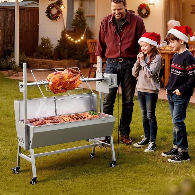 VEVOR Rotisserie Grill, 37in BBQ Outdoor Pig & Lamb Spit Roaster, Charcoal Spit Roaster with 132 LBS Load Capacity & 7-Level Height, Stainless Steel Electric Rotisserie Grill Kit for Camping Outdoor