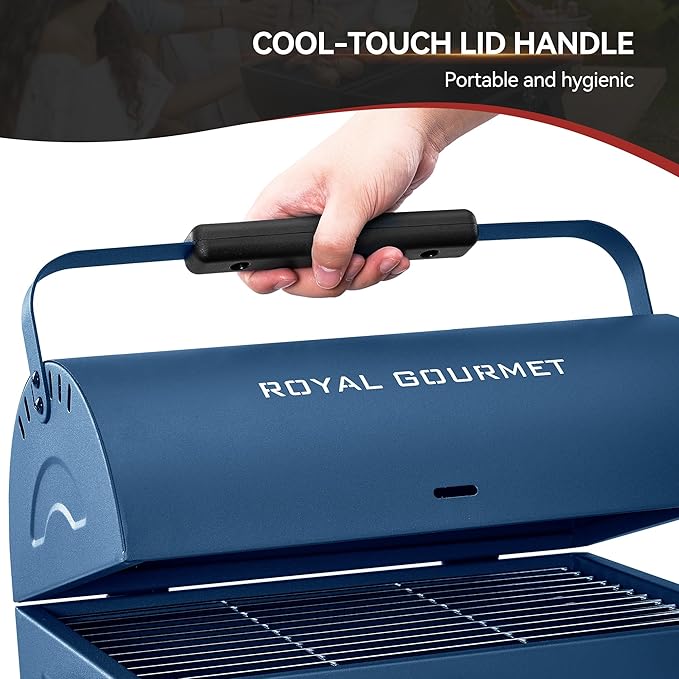 Royal Gourmet CC1015B Portable Charcoal Grill, 147 Sq. In. Cooking Area, with Four Air Vents, Lid Latch Buckle, Lid Handle, for Outdoor Backyard, Patio Parties and Picnics, Blue