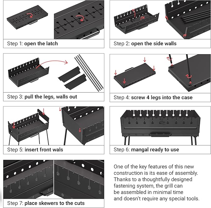 Charcoal Grill for 10 Skewers - Portable BBQ Mangal - Foldable Metal Grill for Shashlik, Kebab, Picnic, Outdoor Cooking (Skewers Not Included)