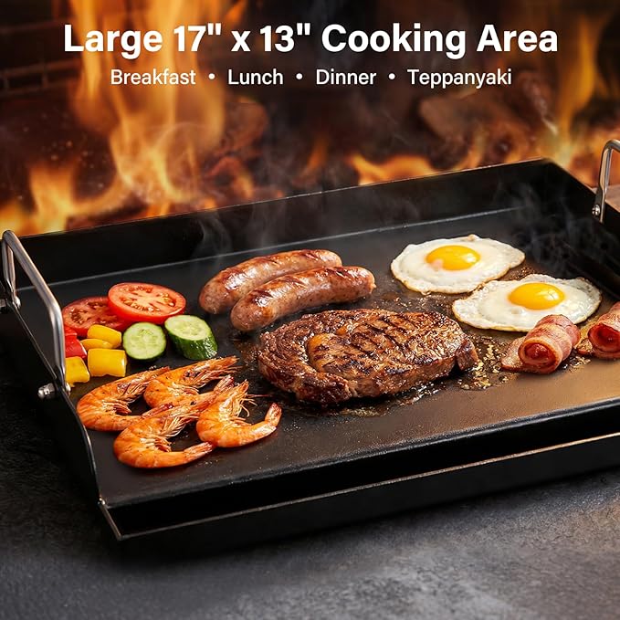 17" x 13" Nano-Ceramic Nonstick Cast Iron Griddle - Universal Flat Top with Grease Groove, Reinforced Ridges & High Sidewalls, Cooking Skillet Pan for Gas/Charcoal Grills & Stove Top