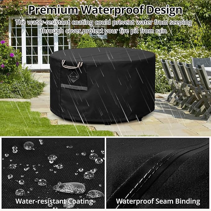 QH.HOME Fire Pit Cover Round Super Waterproof, 28" D X 16" H Outdoor Round Firepit Cover 600D Strong Tear Resistant, UPF 50+ Fire Pit Covers Premium Fading Resistant for Outdoor Fire Pit - Black
