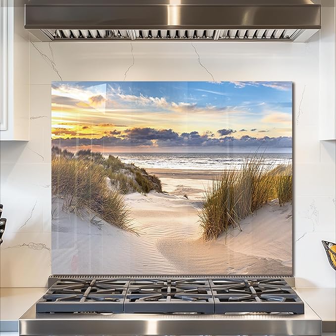 fzxwyishu Tempered Glass Backsplash for Kitchen,Stove Splashback Protector Beach Scenery Design | Heat-Resistant Splash Board, Kitchen Wall Decoration (Art Deco 1, 30"x24"(76.2x60.96cm))