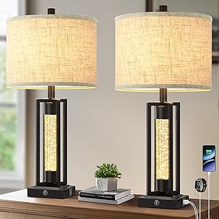 TOBUSA 26’’ Farmhouse Table Lamps for Living Room with Crystal Night Light Set of 2, Modern Nightstand Lamps with 2 USB Ports, Vintage Home Decor Black Bedside Lamps with Linen Shade for Bedroom