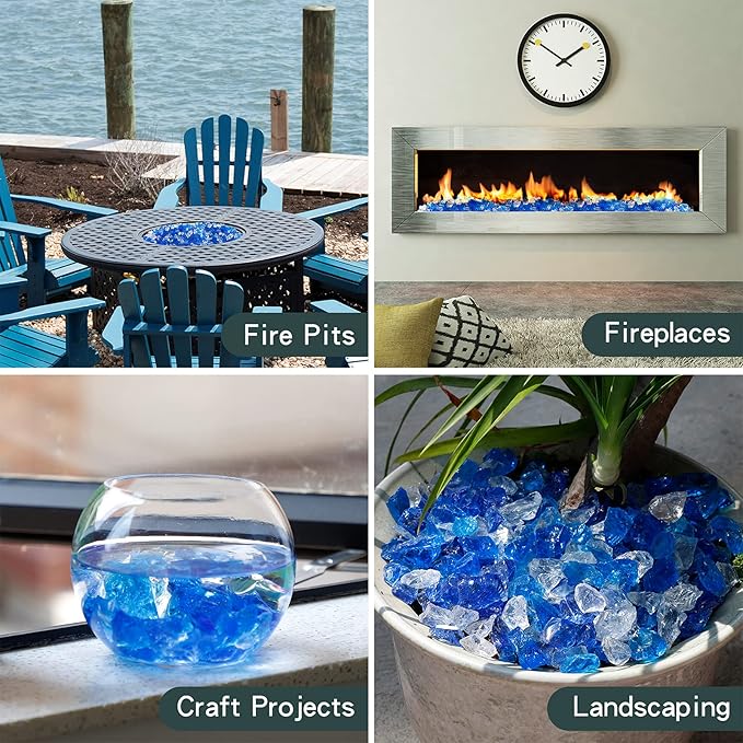 Mr. Fireglass Crushed Fire Glass for Natural or Propane Fire Pit, 10 Pounds Decorative Recycled Fireplace Glass Rocks for Fire Pit Fireplace and Landscaping, High Luster Sea Blue and Ice Clear