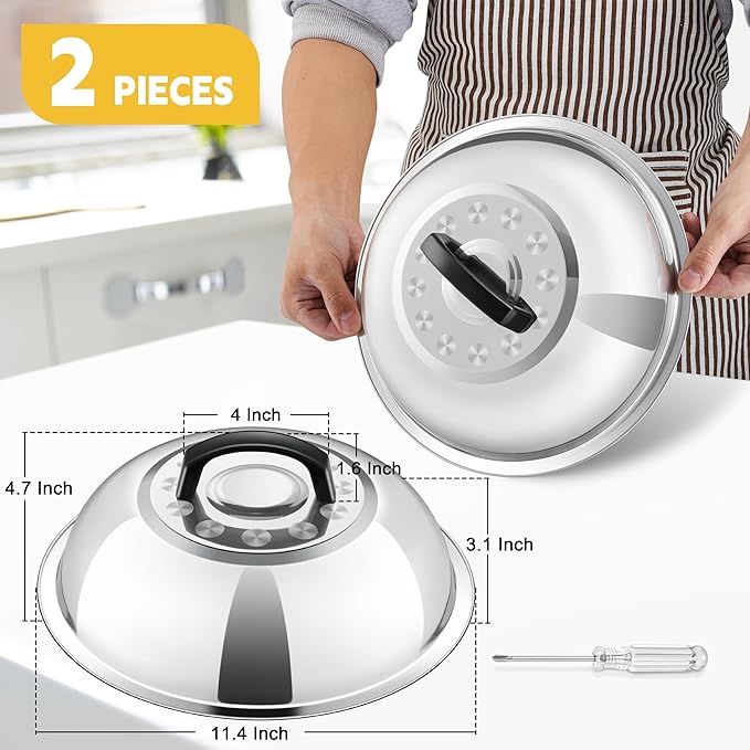 11.4 Inch Cheese Melting Dome, HaSteeL Round Stainless Steel Basting Steaming Cover, Metal Griddle Lid for Indoor & Outdoor Cooking Grilling, Non Toxic & Rust Free, Dishwasher Safe, Plus a Screwdriver