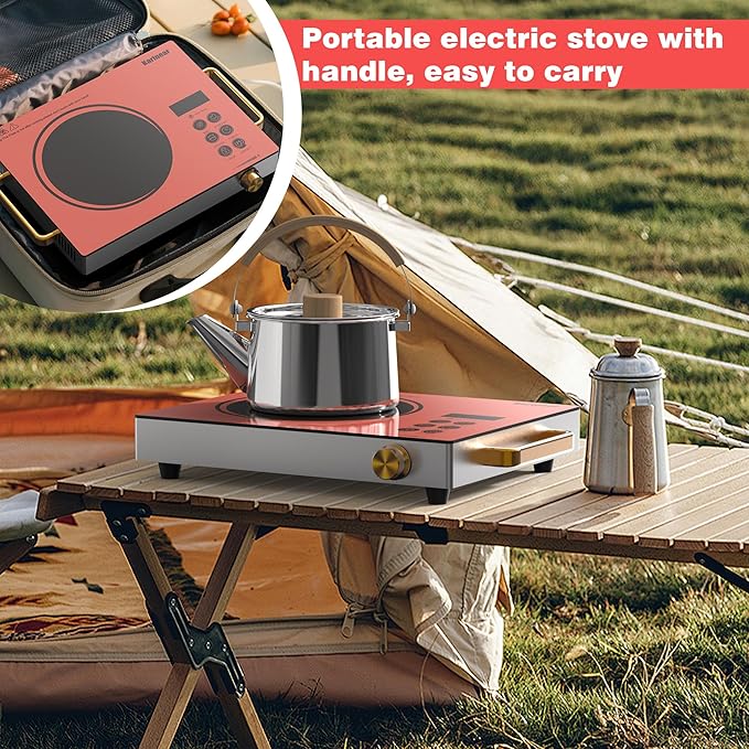 Karinear Portable Electric Stove 110V, 1800W Electric Hot Plate with Handle, Knob Control Single Burner Electri Cooktop, Ceramic Infrared Countertop Burner, Timer, Safety Lock(Pink)
