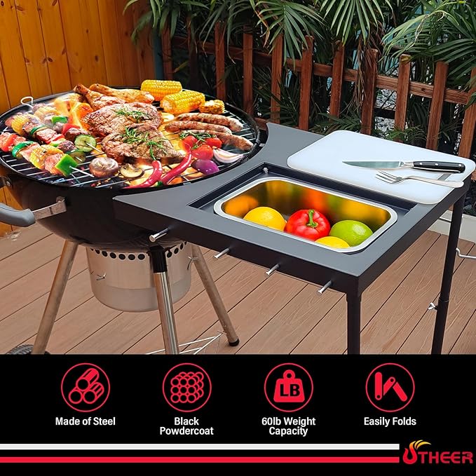 Upgraded Grill Table for Weber Kettle 22"/18"/26", Master Touch 22", Smokey Mountain, Recteq Pellet Grill RT-B380, Prep Station with Cutting Board, Basin, 4 Hooks, Shelf for Weber Kettle Accessories