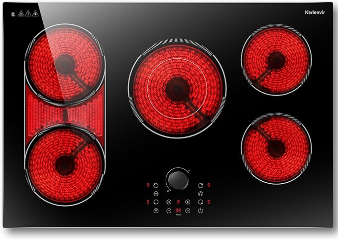 Electric Cooktop 30 Inch, 5 Burner Stove Top Burner 8600W, Built in 30 Inch Electric Cooktop, Magnetic Knob, Expanable Burners & BBQ, Timer, Safety Lock, 220V-240V Hard Wire (No Plug)