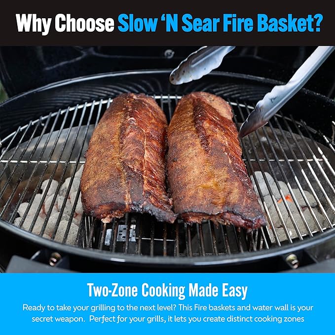 SnS Grills Slow ’N Sear FireBaskets with Water Pan – Heavy Duty Stainless Steel Charcoal Basket for 22" Weber & Similar Kettle Grills – Two Zone Cooking & Heat Management