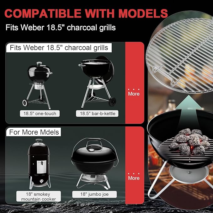 Cooking Grate Charcoal Grate Replacement Parts for Weber 18.5 Inch One-Touch,Smokey Mountain,Original Kettle Grill,Jumbo Joe,Bar-B-Kettle,Stainless Steel BBQ Parts for Weber 7432 7440