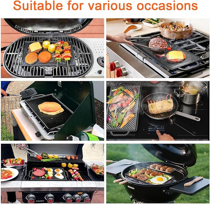 GasSaf Cast Iron Griddle 15x9 Inch, Reversible Double-Sided 2-in-1 Griddle Plate for Two Burners Stovetop, Outdoor Grills and Camping Setups, Cast Iron Grill Pan with Flat & Ribbed Plates