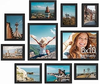 Vittanly 10 Pack Picture Frames Collage Wall Decor, Gallery Wall Frame Set for Wall or Tabletop Display, Engineered Wood and Shatter-resistant Plexiglass, Multi Sizes with 8x10, 5x7, 4x6 Frames, Black