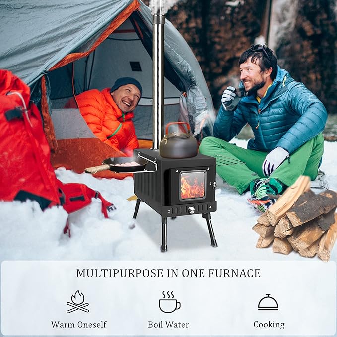 Huskfirm Wood Burning Stove,Tent Stove for Heating,Folding Portable Wood Stove for Tent,Cooking,Courtyard,Camping Stove include Chimney Pipes and Spark Arrestor, Black-LOGO