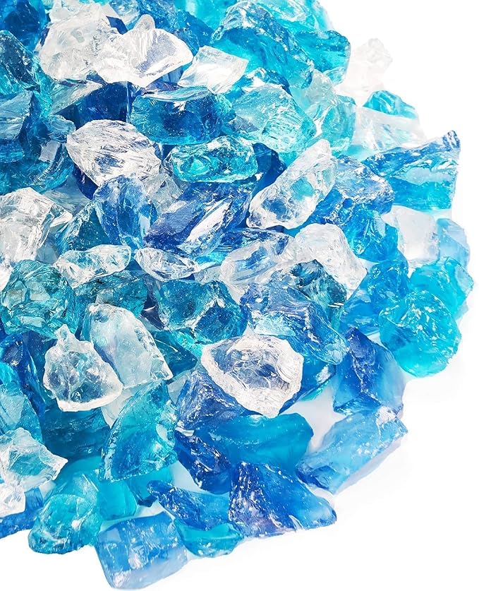 NUPICK Fire Glass - 20 Pound Mixed Bahama Blend for Fire Pit & Gas Fireplace, 1/2-3/4 Inch Tempered Glass Rock in Blue and White